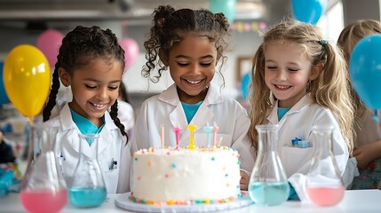 A birthday party featuring a science theme, with kids wearing lab coats and a cake shaped like a beaker
