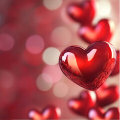 Shiny red heart-shaped ornaments, Floating hearts, Soft bokeh background, Valentine's Day theme.