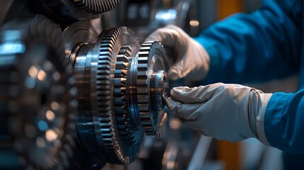 Close-up View of Engineer Repairing Precision Machinery in Clean Factory Setting