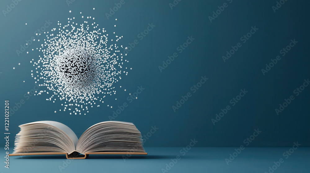 Poster open book with floating particles creating holographic effect, symbolizing creativity and knowledge. serene blue background enhances visual appeal