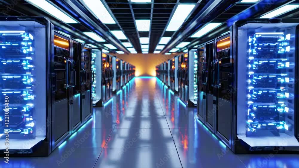 Aufkleber rows of advanced servers are lit in blue, showcasing their operational status in a modern data cente