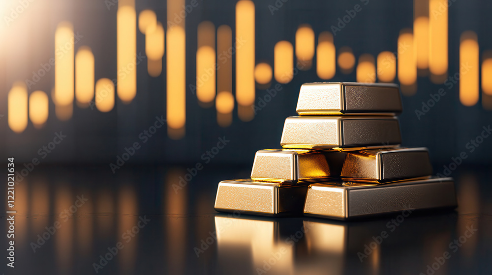 Poster stack of gleaming gold bars on reflective surface, symbolizing wealth and investment, with blurred f