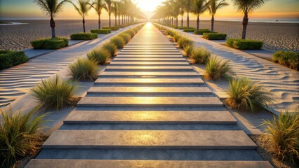 Fototapeta premium Serene Coastal Stairway Leading to Golden Sunrise on Sandy Beach with Palm Trees