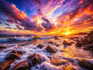 Stunning Sunset over Rocky Beach: Vibrant Colors & Dramatic Sky