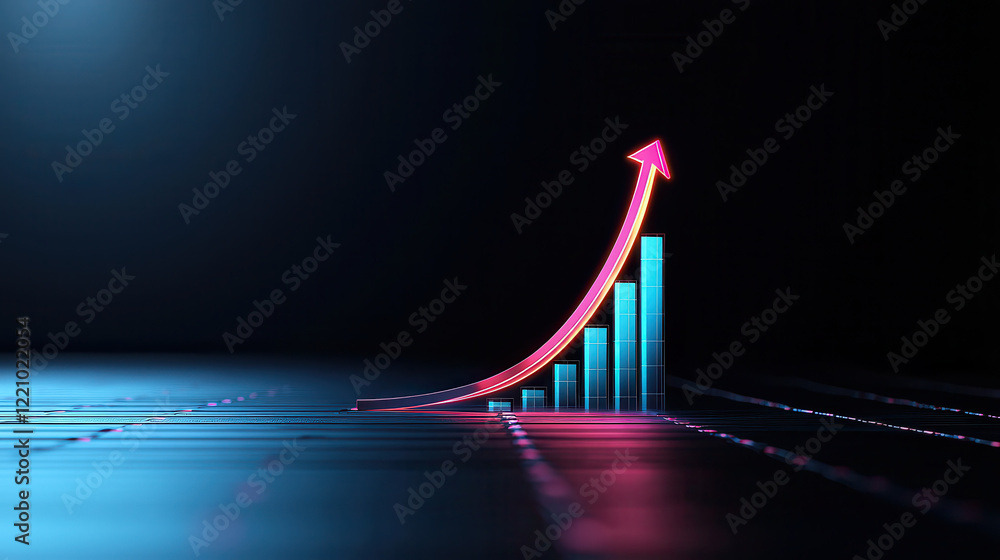 Poster dark blue arrow creates sense of dimension, pointing upwards alongside glowing bar graphs, symbolizi