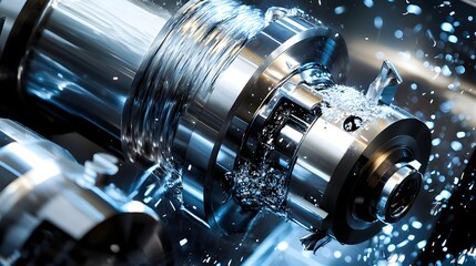 Fototapeta premium Intricate Close-Up of Industrial Metalworking Machinery with Sparks and Shavings