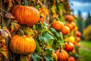 Obraz premium Rustic Autumn Harvest: Close-Up of Pumpkin Vine and Fruit