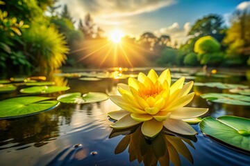 Stunning Yellow Water Lily Blooms on Calm Pond - Rule of Thirds Composition
