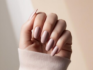 Beautiful manicure on the hand with pastel brown nail polish, fashion trend 2025 mocha mousse