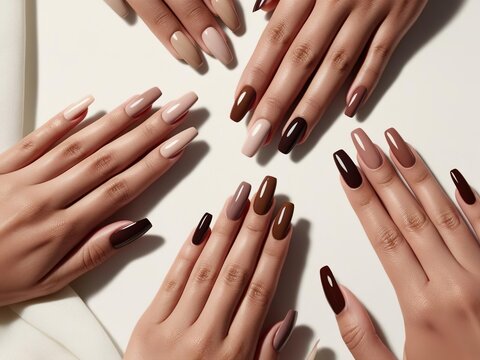 Manicure in mocha mousse trend, several hands with nails painted with nail polishes in shades of brown