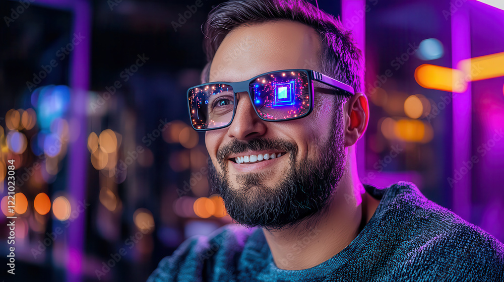 Aufkleber smiling man with beard wearing futuristic glasses reflecting colorful lights, showcasing vibrant atm