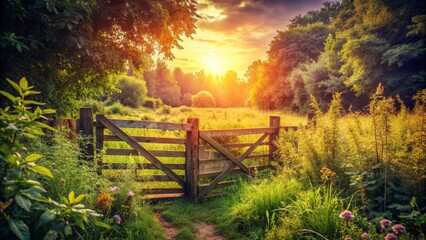 Rustic Farm Gate: Vintage Countryside Scene Stock Photo