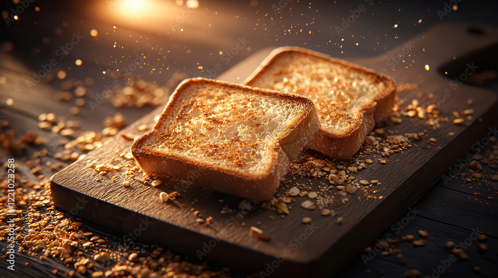 Poster toasted slices of bread on wooden board, surrounded by crumbs and sparkling light, create warm and i
