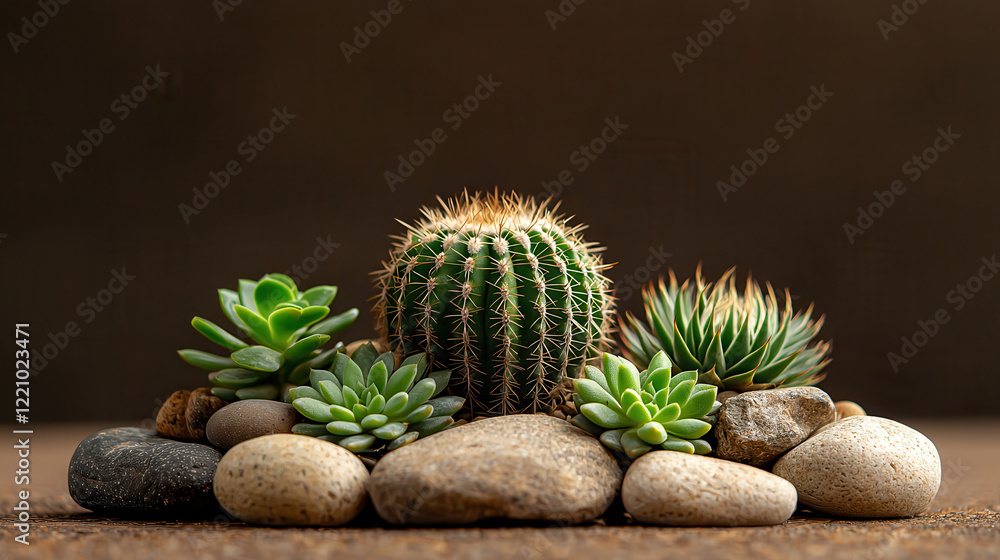 Poster beautiful arrangement of dark green cacti and succulents surrounded by smooth stones, creating seren