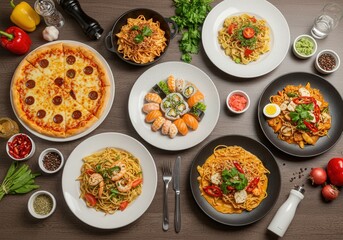 Delicious Assortment of Global Cuisines Featuring Pasta, Pizza, and Sushi

