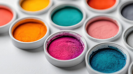 vibrant collection of watercolor paints in circular containers, showcasing variety of colors including orange, pink, teal, and purple. Perfect for artists and creative projects