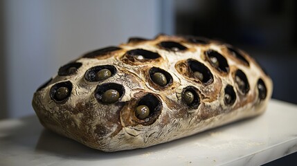 Obraz premium Rustic Olive Bread Loaf CloseUp View Baked Goods