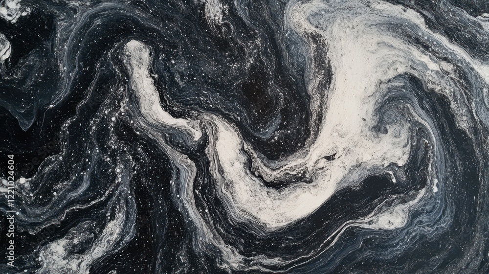 Poster a black, white, and gray grainy, noisy background with an abstract swirl pattern.