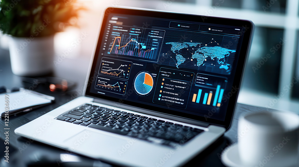 Poster digital dashboard displaying key performance indicators on laptop, showcasing graphs, charts, and world map, symbolizing data analysis and business intelligence