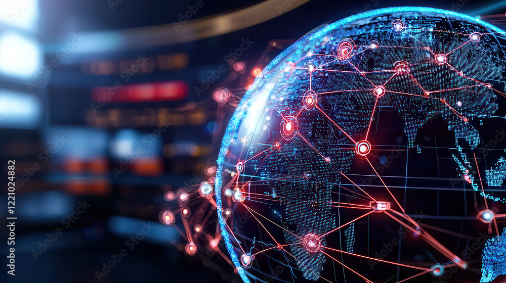 Poster digital globe with interconnected lines representing global connectivity and technology. vibrant colors and intricate details evoke sense of innovation and modernity