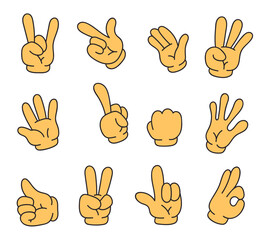 Cartoon comic retro arm hand finger gesture isolated set. Vector flat graphic design illustration