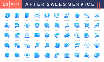 After Sales Service icon collection set. Covering claims, warranty, maintenance, communication, solutions, repairs, policies, guides, and customer satisfaction. Perfect for professional projects.