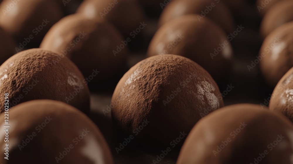 Poster close-up of chocolate truffles arranged in a neat pattern, with soft lighting enhancing texture