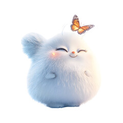 Fluffy 3D Cartoon Cat with Glowing Butterfly Isolated on Transparent Background