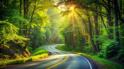 Summer Country Road: Winding Asphalt Path Through Lush Green Woods - Stock Photo