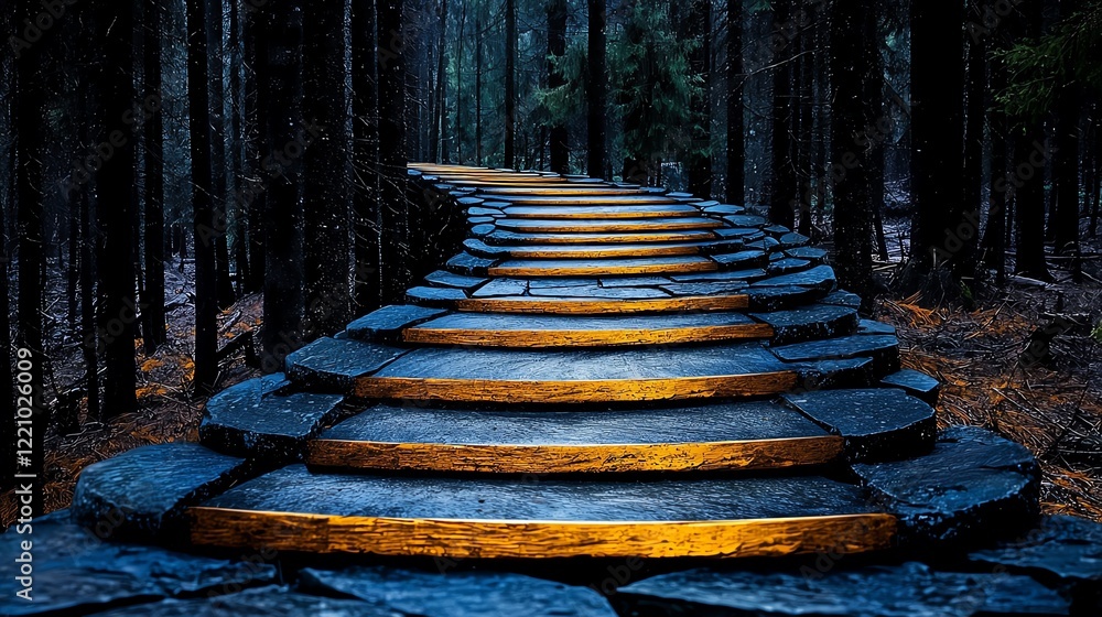Poster serene stone pathway through enchanted forest with soft lighting highlights on each step