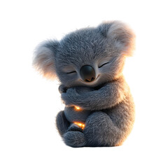 Fluffy 3D Cartoon Koala Bear Snuggling with Glowing Element Isolated on Transparent Background