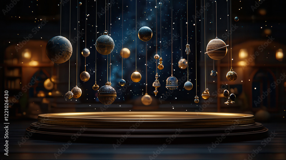 Fototapete captivating space scene featuring hanging planets and celestial objects, illuminated by soft light, 