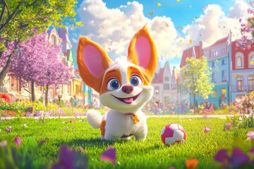 A playful corgi running through a sunny meadow filled with blooming flowers