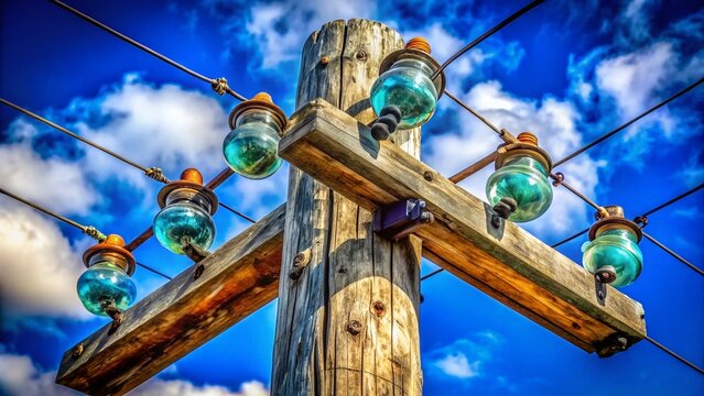 Sun-Bleached Power Pole with Antique Glass Insulators, Deep Blue Sky - Vintage Electricity