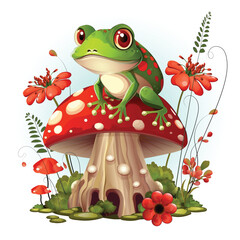 A cute frog surrounded by bright red flowers sits on a fantasy fly agaric. Vector cartoon childrens clipart drawing for decorating children's room, t-shirts print, covers, wallpapers, cards design.