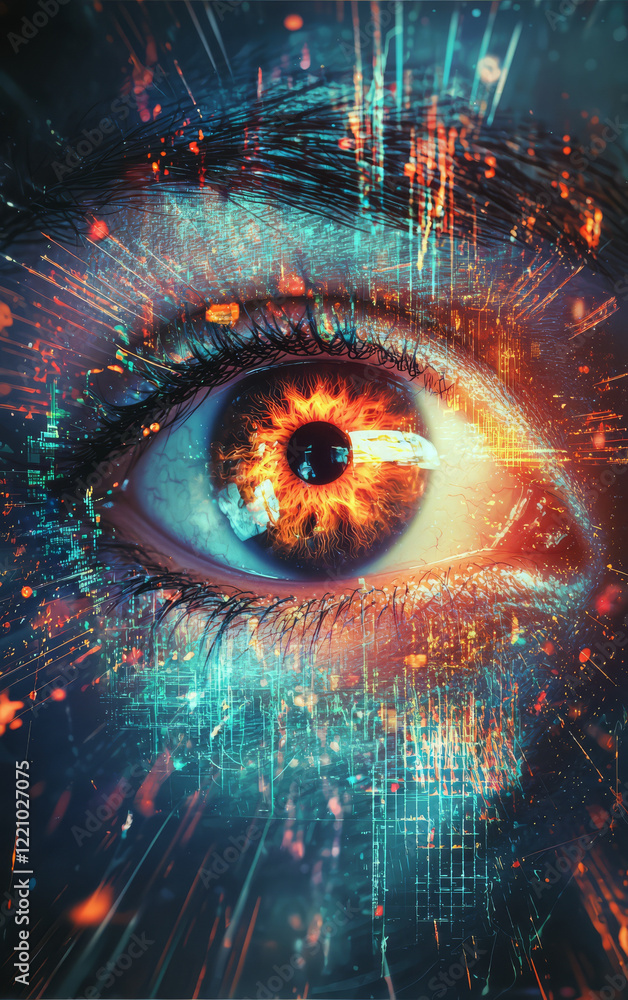 Poster digital eye: a vibrant and imaginative close-up showcases an eye imbued with digital code and data s
