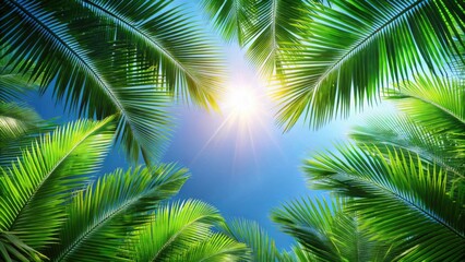 Naklejka premium Lush Tropical Palm Fronds Encircling a Bright Summer Sun Against a Vivid Azure Sky