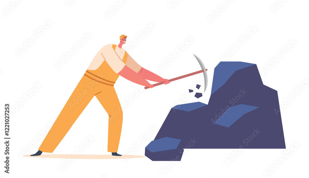 Poster miner with pickaxe digging soil explore fossil on quarry pit, mineral exploration, coal mining indus
