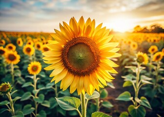 Fototapeta premium Sunflowers in Field, White Space, Summer Bloom, Documentary Photography Style