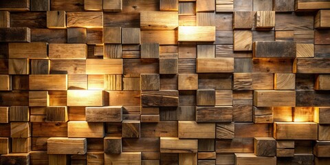 Illuminated Wooden Block Wall Texture An Abstract Background of Varied Sizes and Tones