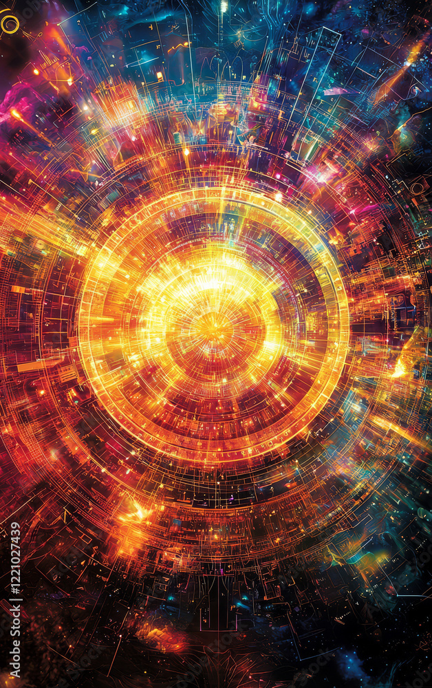 Poster cosmic fusion: a visual symphony of swirling colors and intricate patterns converge to form a radian