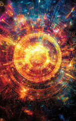 Obraz premium Cosmic Fusion: A visual symphony of swirling colors and intricate patterns converge to form a radiant core, evoking the vastness and complexity of the universe.