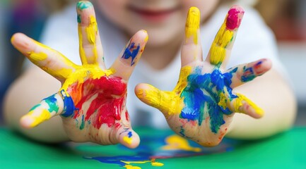 Colorful Painted Hands of a Child Expressing Creativity and Joy