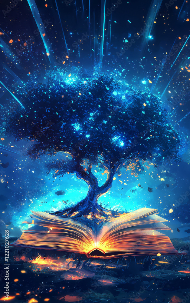 Poster mystical tree of knowledge: an awe-inspiring depiction of a majestic tree emerging from the pages of