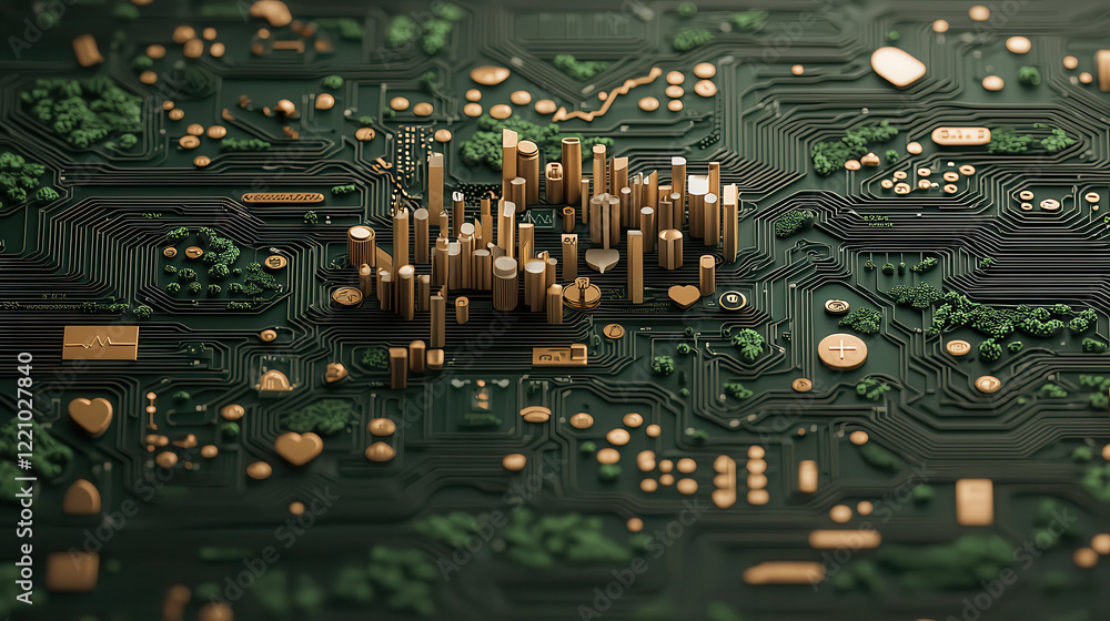 Poster high quality 3d image of digital cityscape on circuit board, symbolizing technology and health. intr