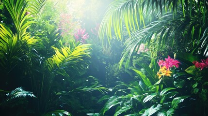 Lush Tropical Rainforest Canopy With Vibrant Flowers