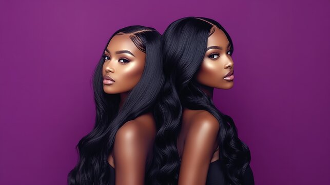 Elegant Black models in chic black dresses, showcasing long voluminous body wave hair, against a deep plum background for a luxurious, sophisticated look