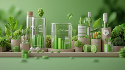 vibrant 3D visualization showcasing green themed data analysis with plants, graphs, and eco friendly elements, symbolizing sustainability and health