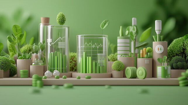 vibrant 3D visualization showcasing green themed data analysis with plants, graphs, and eco friendly elements, symbolizing sustainability and health