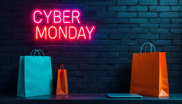 Bright neon sign promotes shopping excitement during Cyber Monday with colorful bags against a dark brick wall